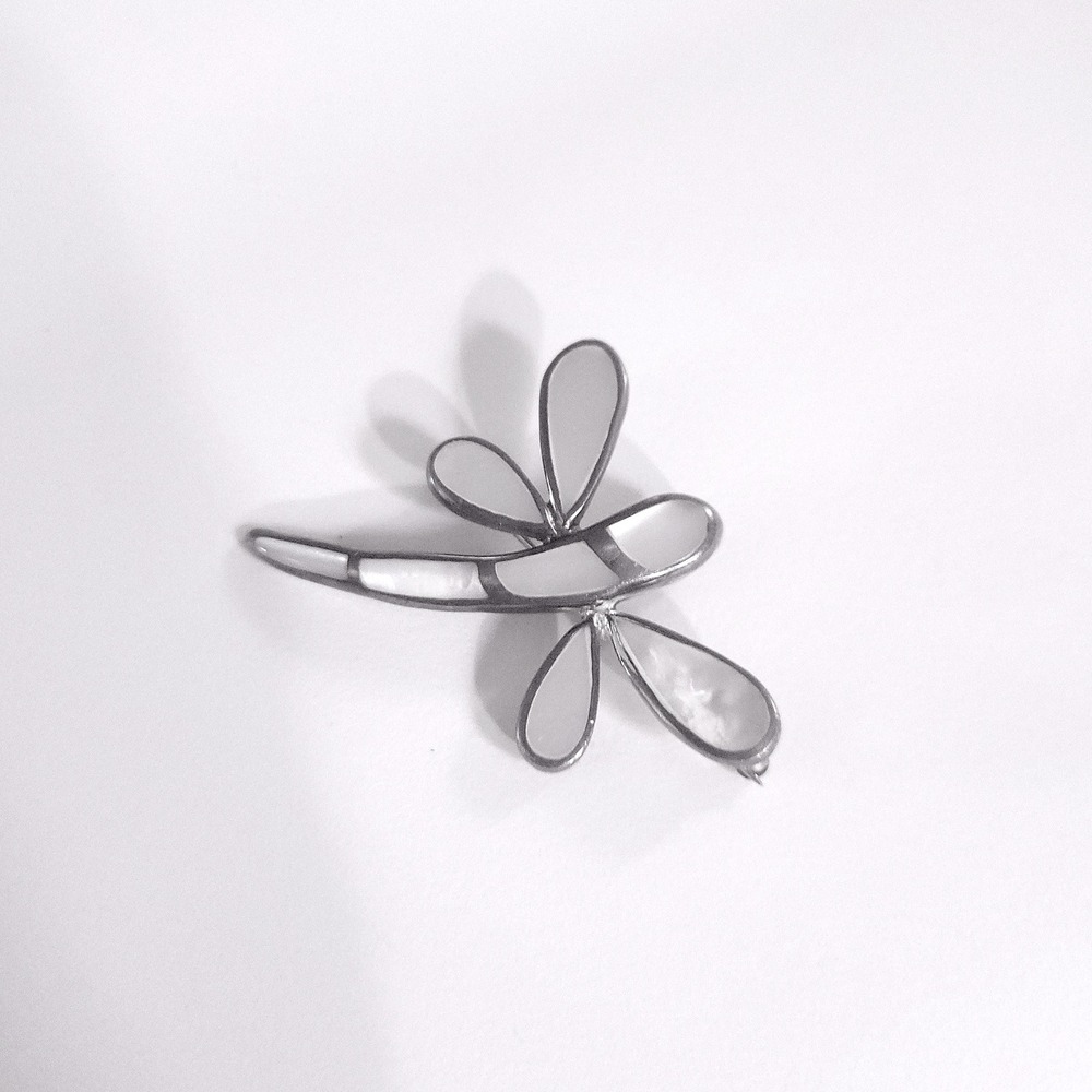 Vintage 925 Mother of Pearl Dragonfly‎ Brooch Silver Tone Inlay Pin/Pendant 2"